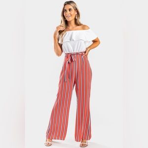 Francesca’s Stripe Off The Shoulder Belted Jumpsuit Size Large